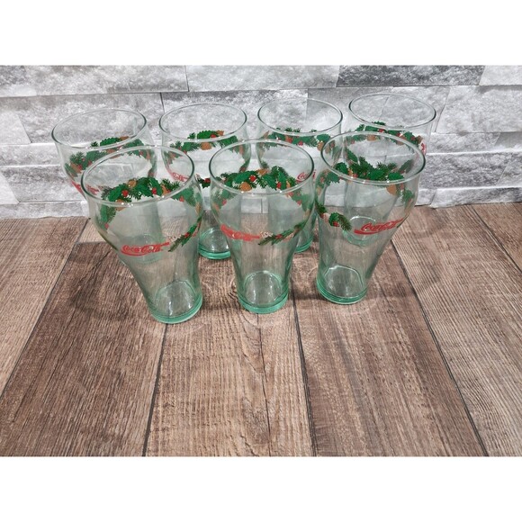 Vintage 12 " Green Tint Christmas Coca-Cola Glasses   Set Of 7 - Picture 1 of 11